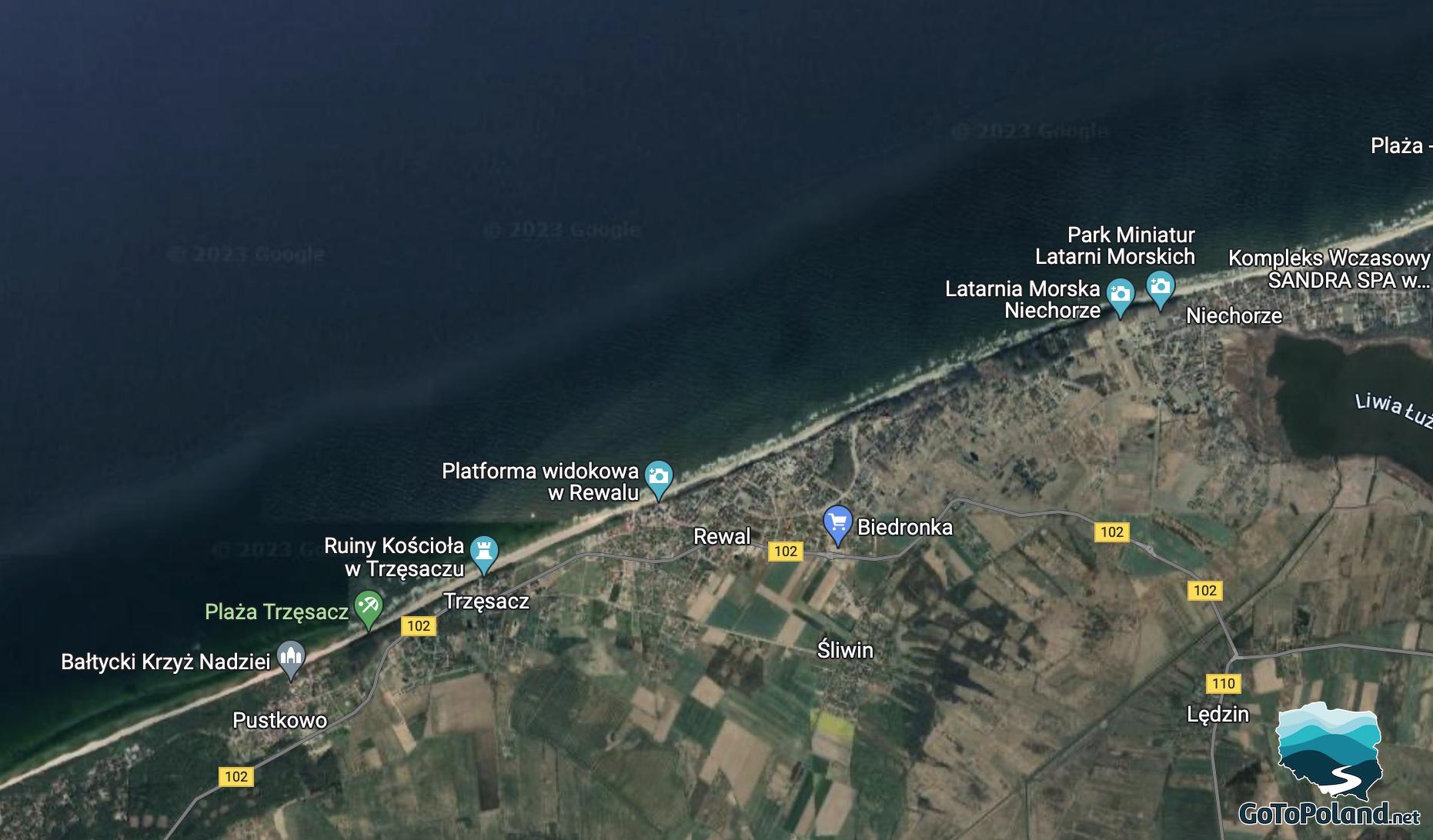 screenshot of a fragment of google maps with the coast of the Baltic Sea and several villages