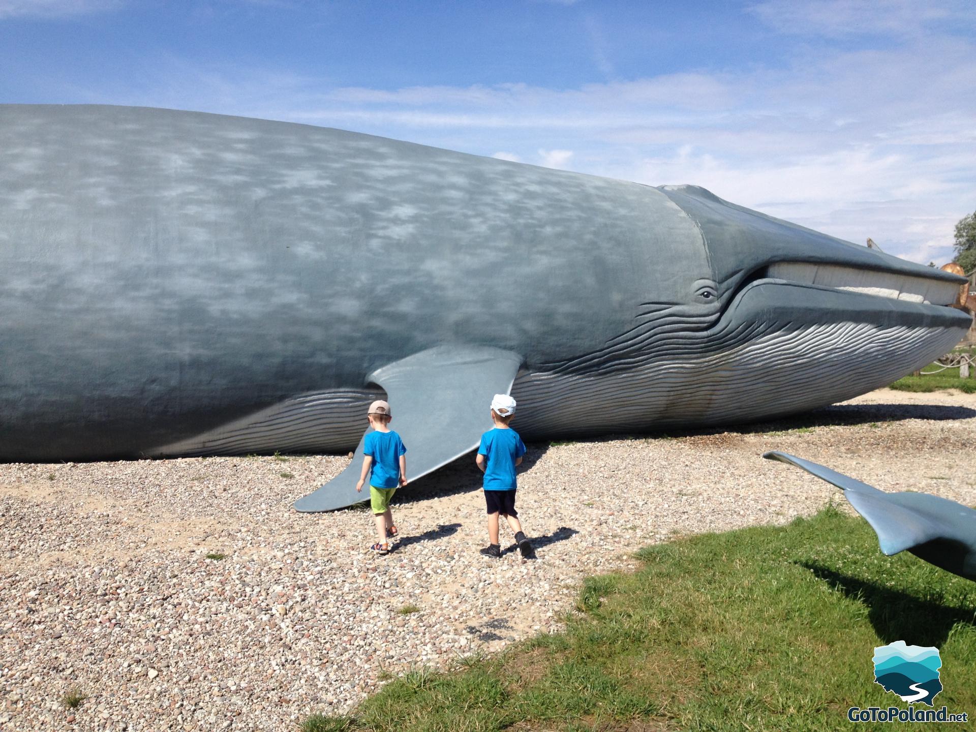 large whale model and two boys next to it