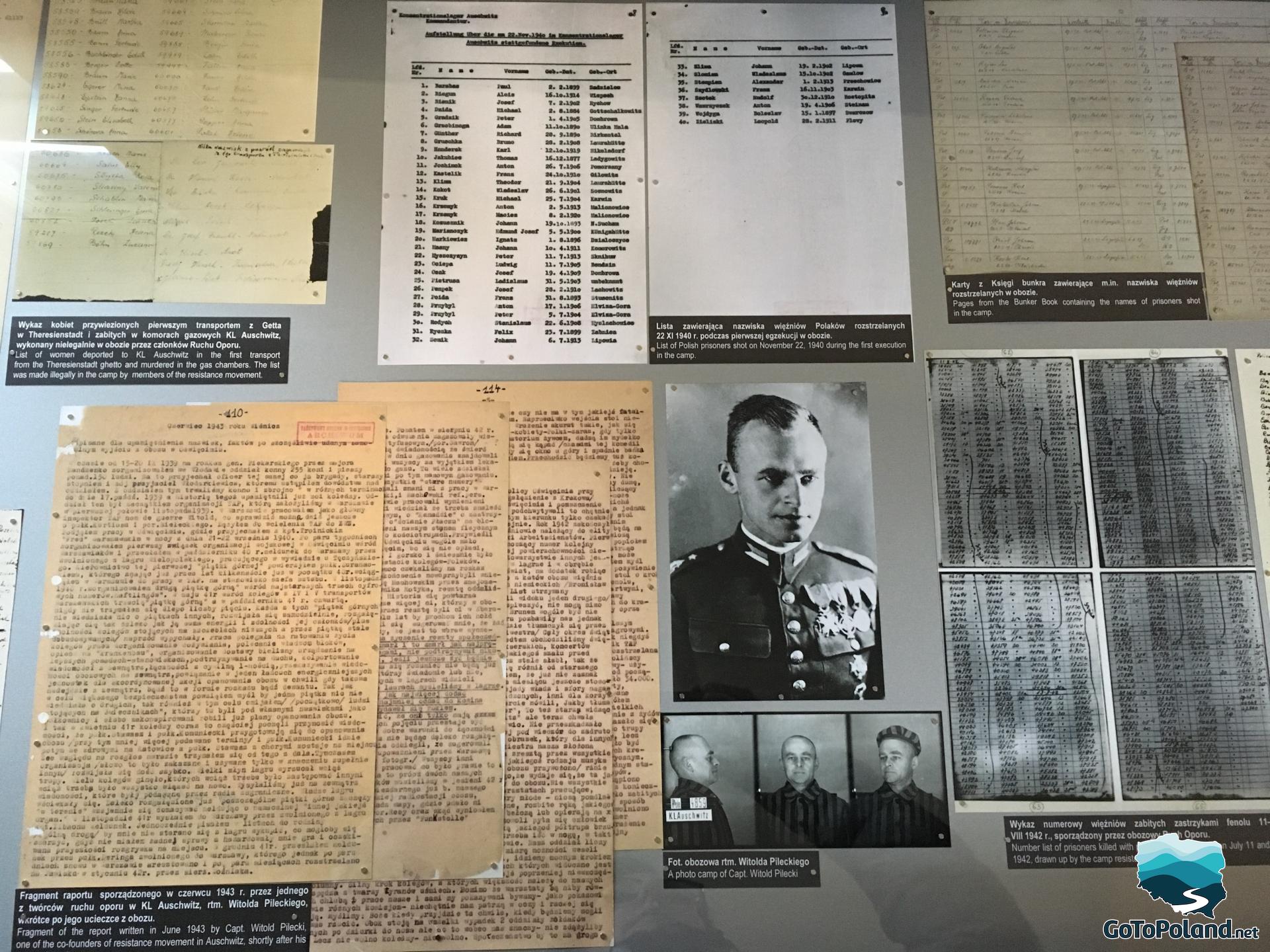 Information board with fragments of reports and photos