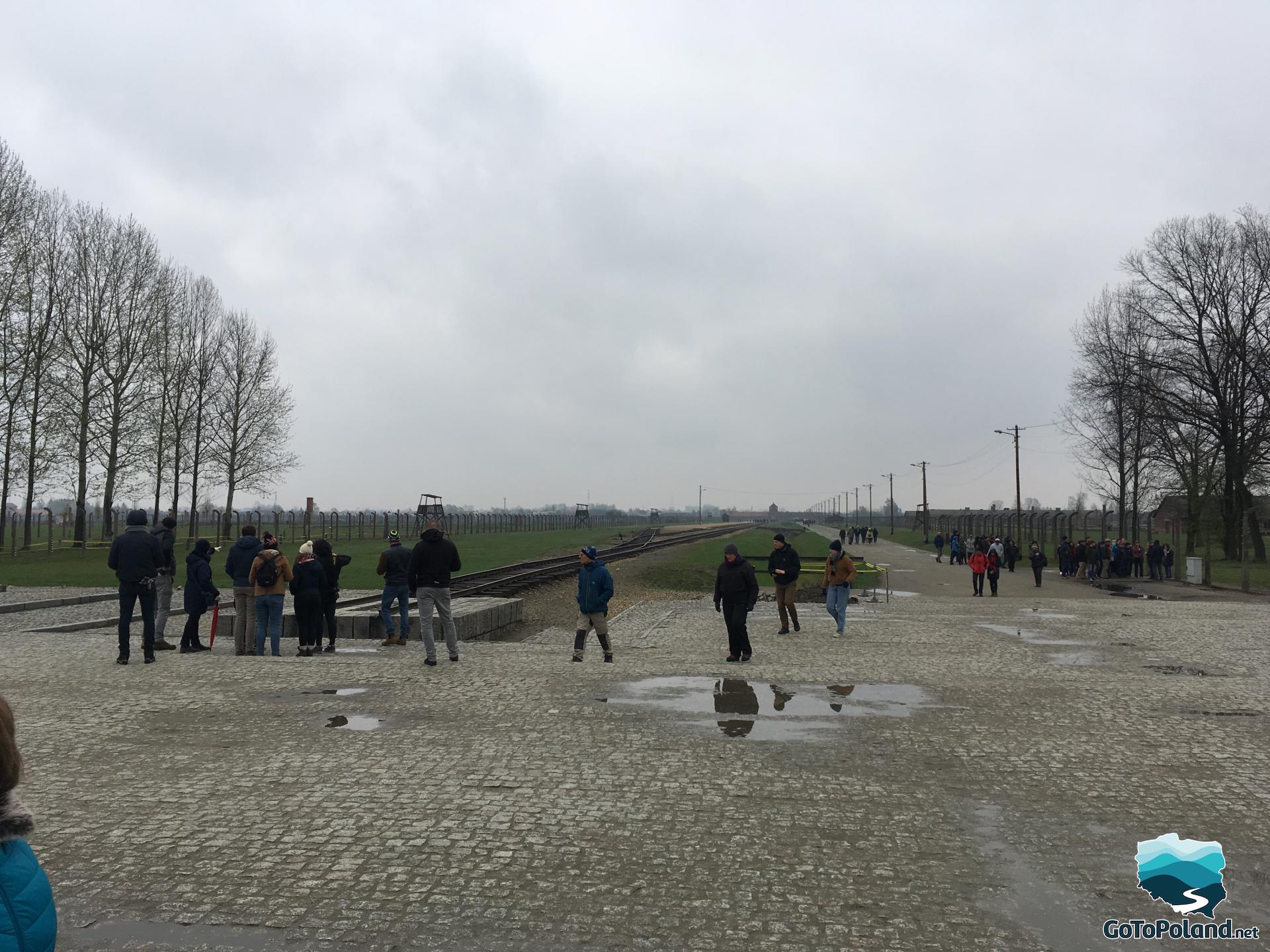 an area of the former Birkenau camp with the entrance gate in the background
