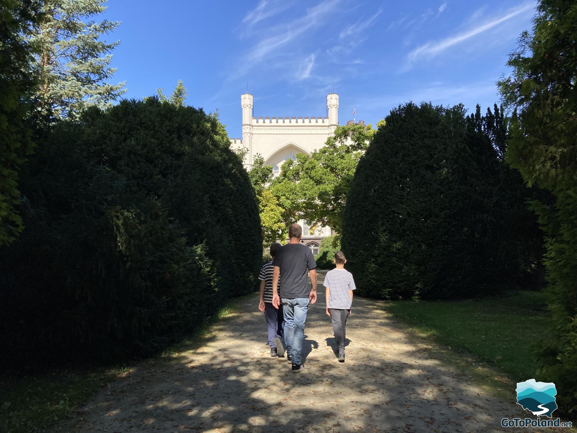 a man and two boys heading to the castle, the path is surrounded by green bushes