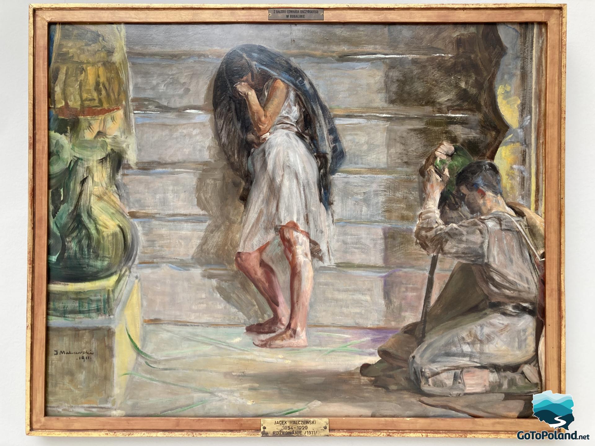 Two figures are shown in the room where food is stored. In a gesture of grief and helplessness, the woman hid her face in her hands. She stands with her back to the newcomer who has knelt in the doorway.