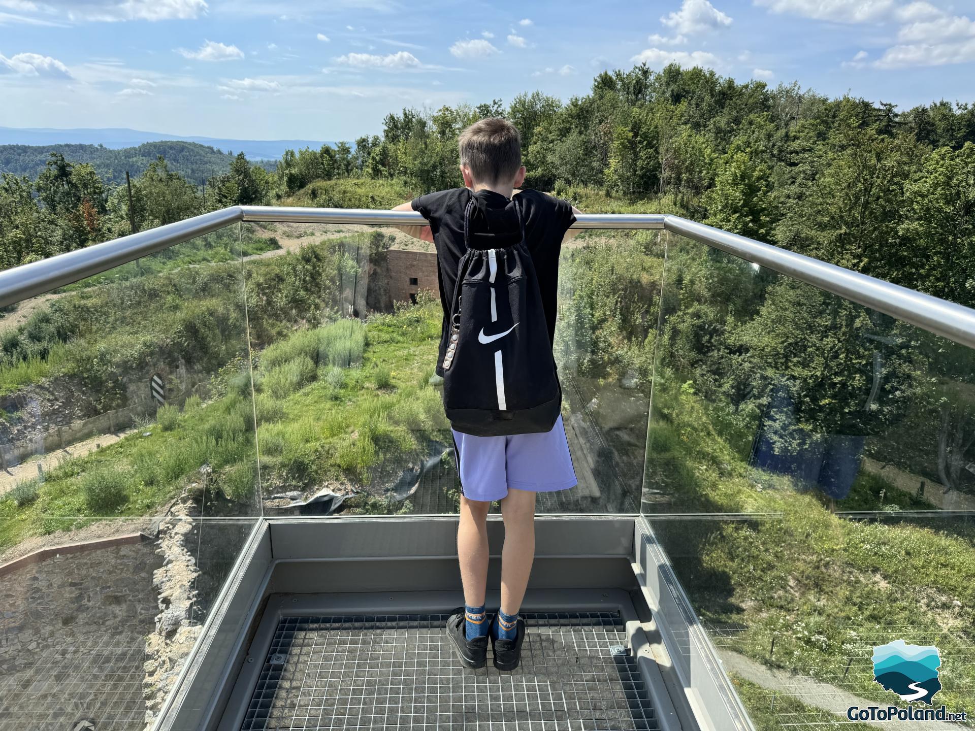 a boy stands on a small platform admiring hills