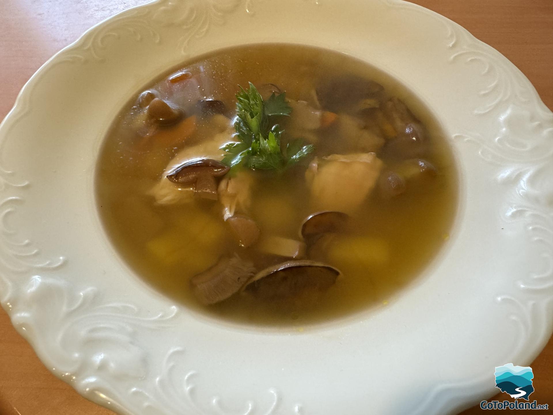 a mushroom soup in a white plate