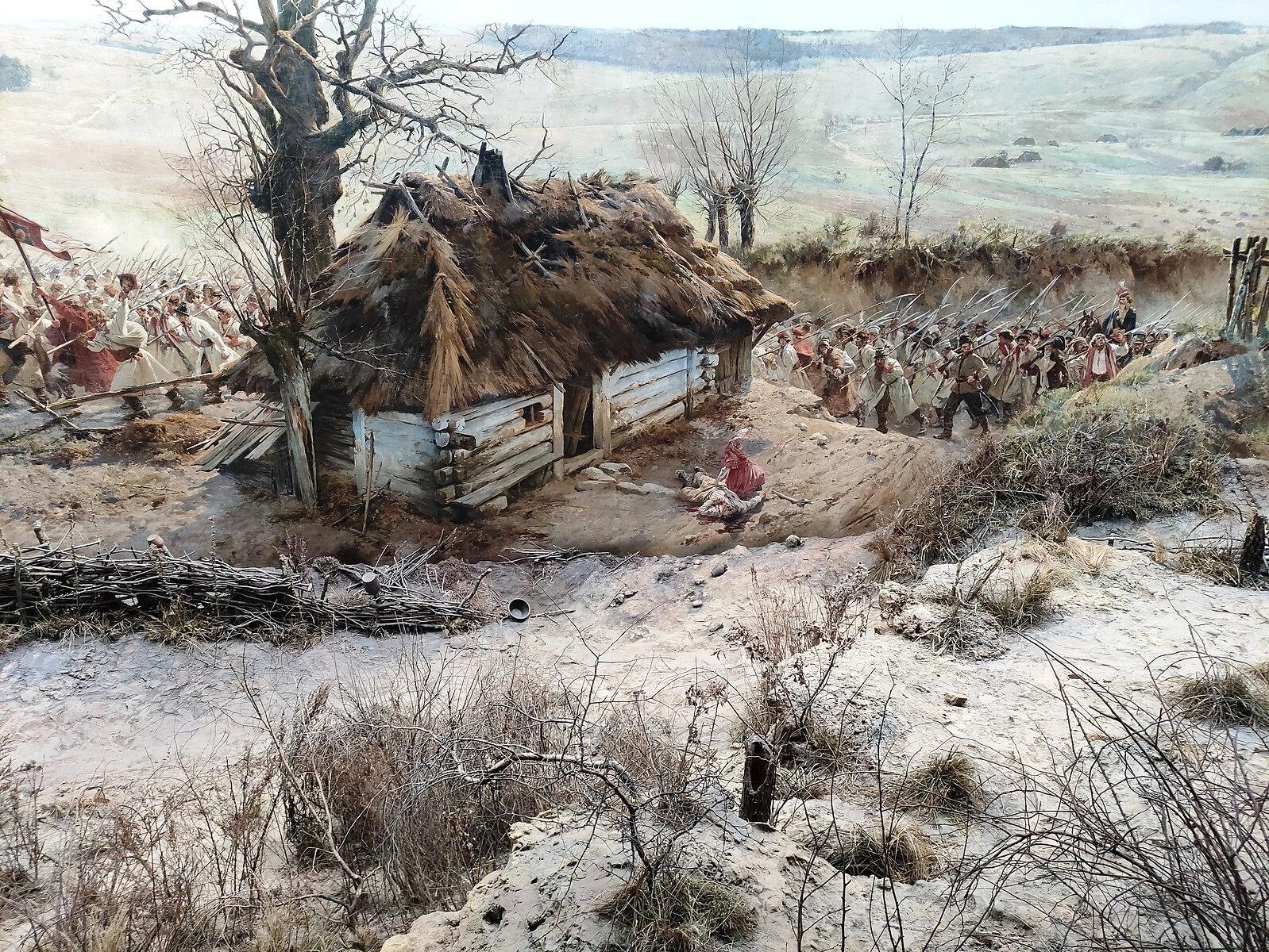 a fragment of a painting with a peasant's hut and armed peasants