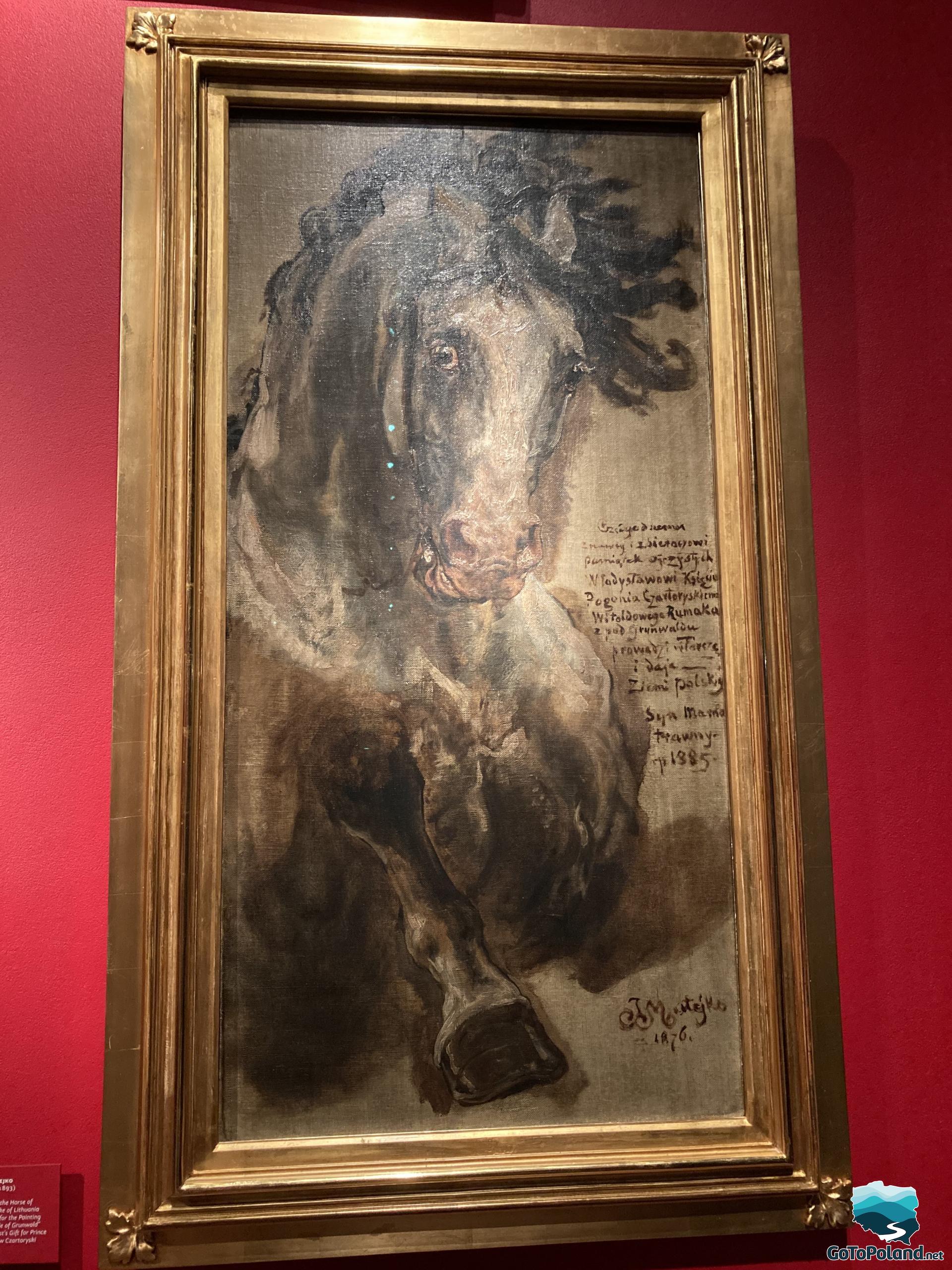 A painting of a horse in a golden frame by Jan Matejko