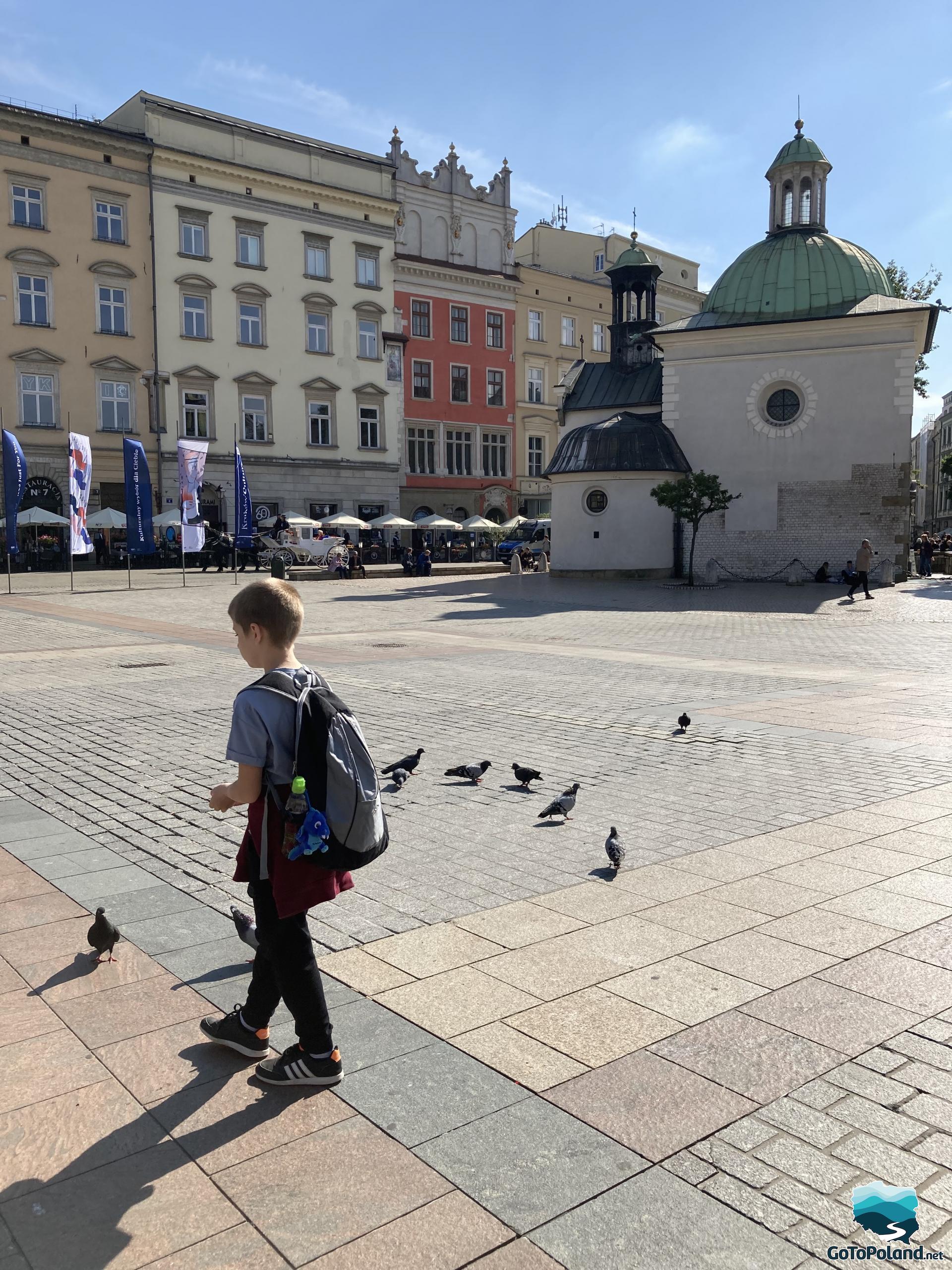 in the foreground is a boy and pigeons, behind him are tenement houses and a small romanesque church