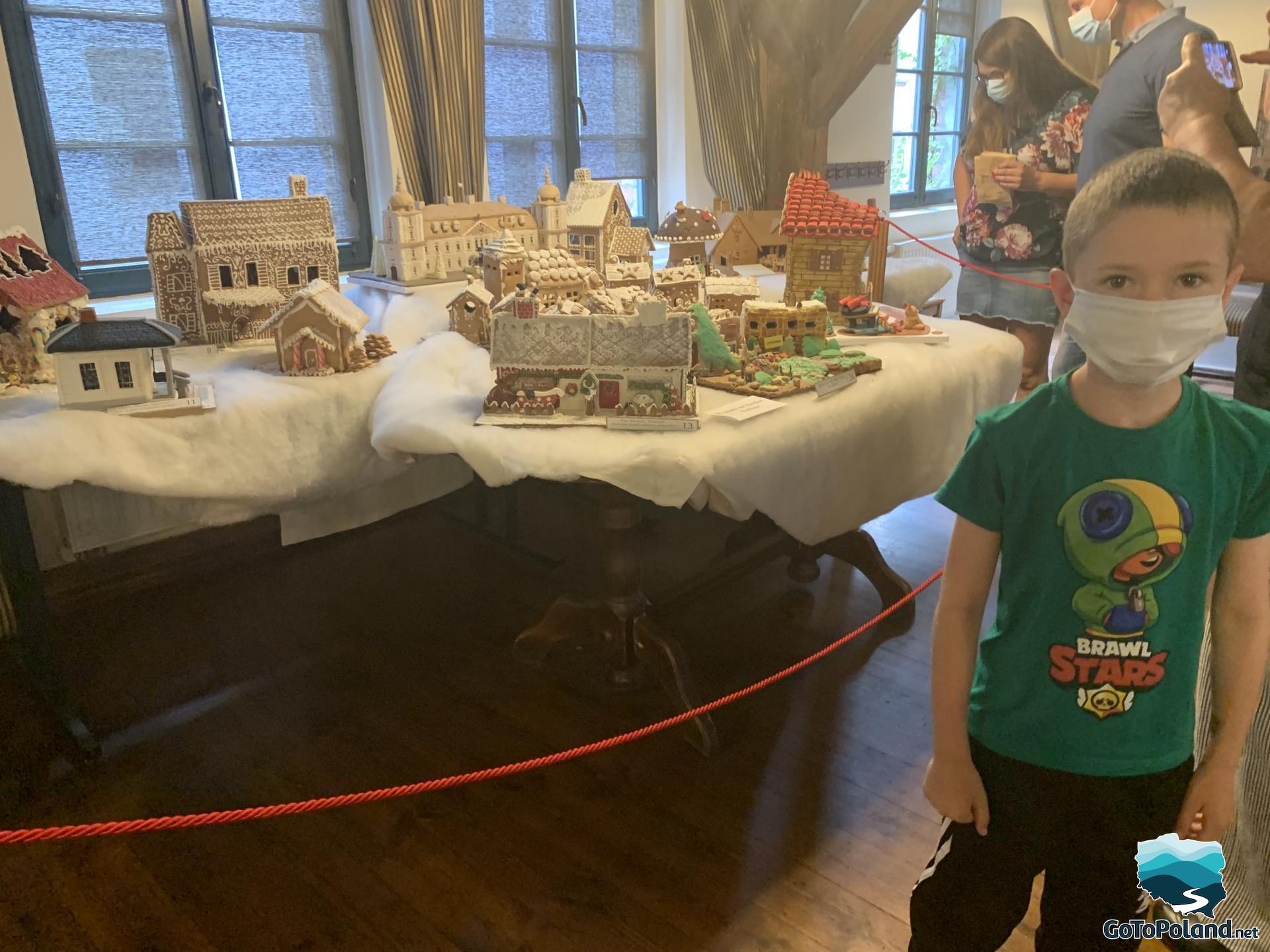 a boy is standing next to the gingerbread exhibition mostly gingerbread houses