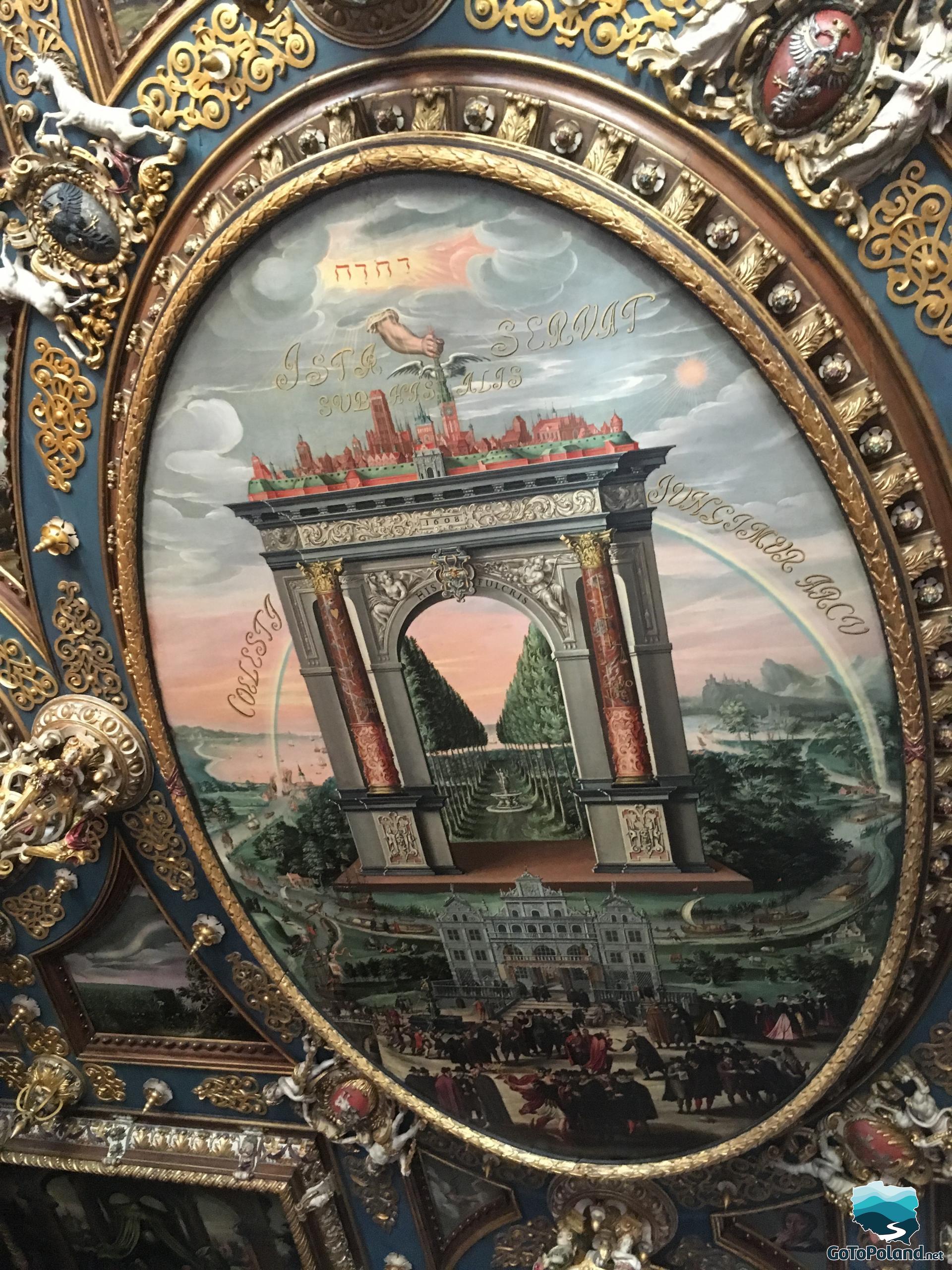 this is a fragment of a very decorative ceiling with a triumphal arch painted in a circle