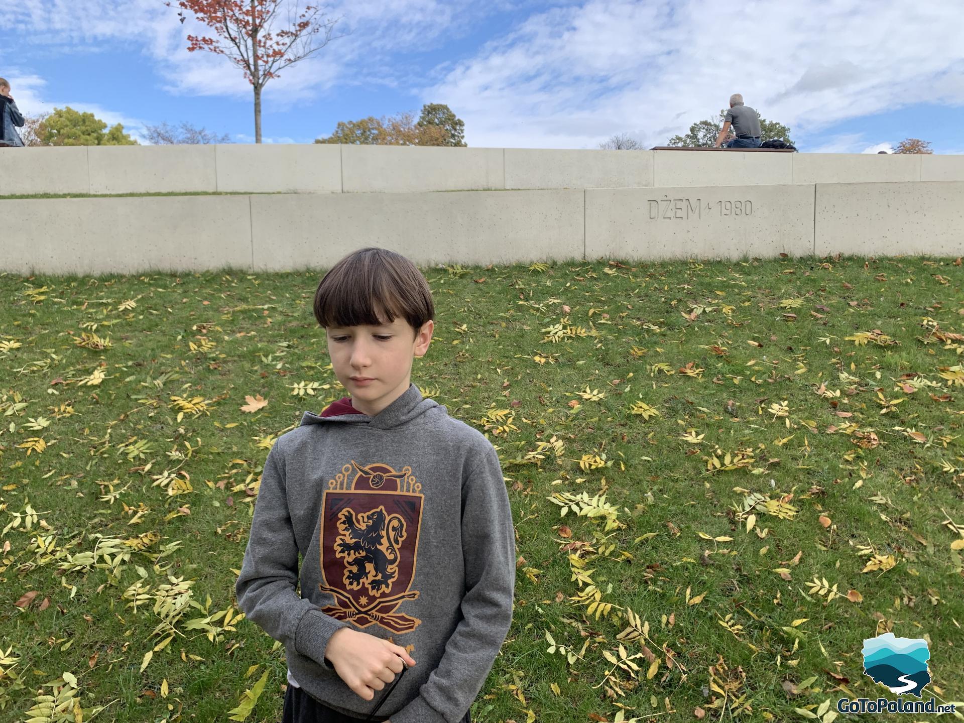 a boy is standing in front of the amphitheatre