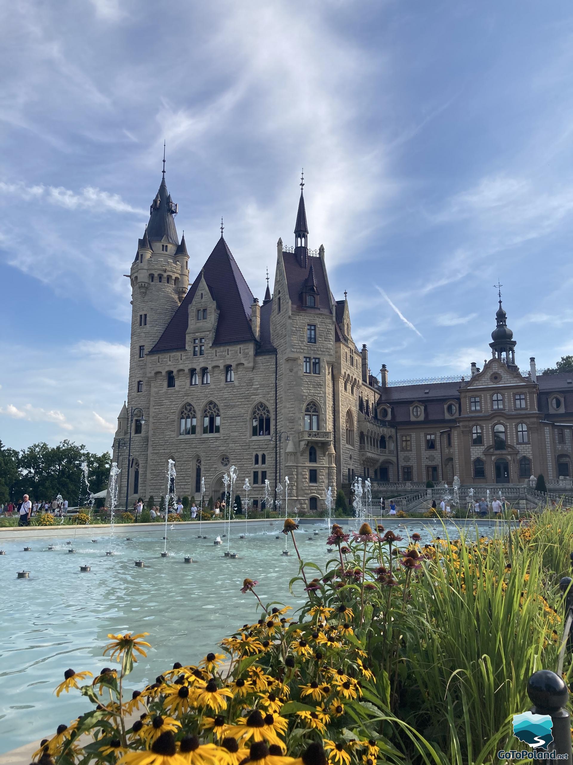 a fountain and a castle in the background