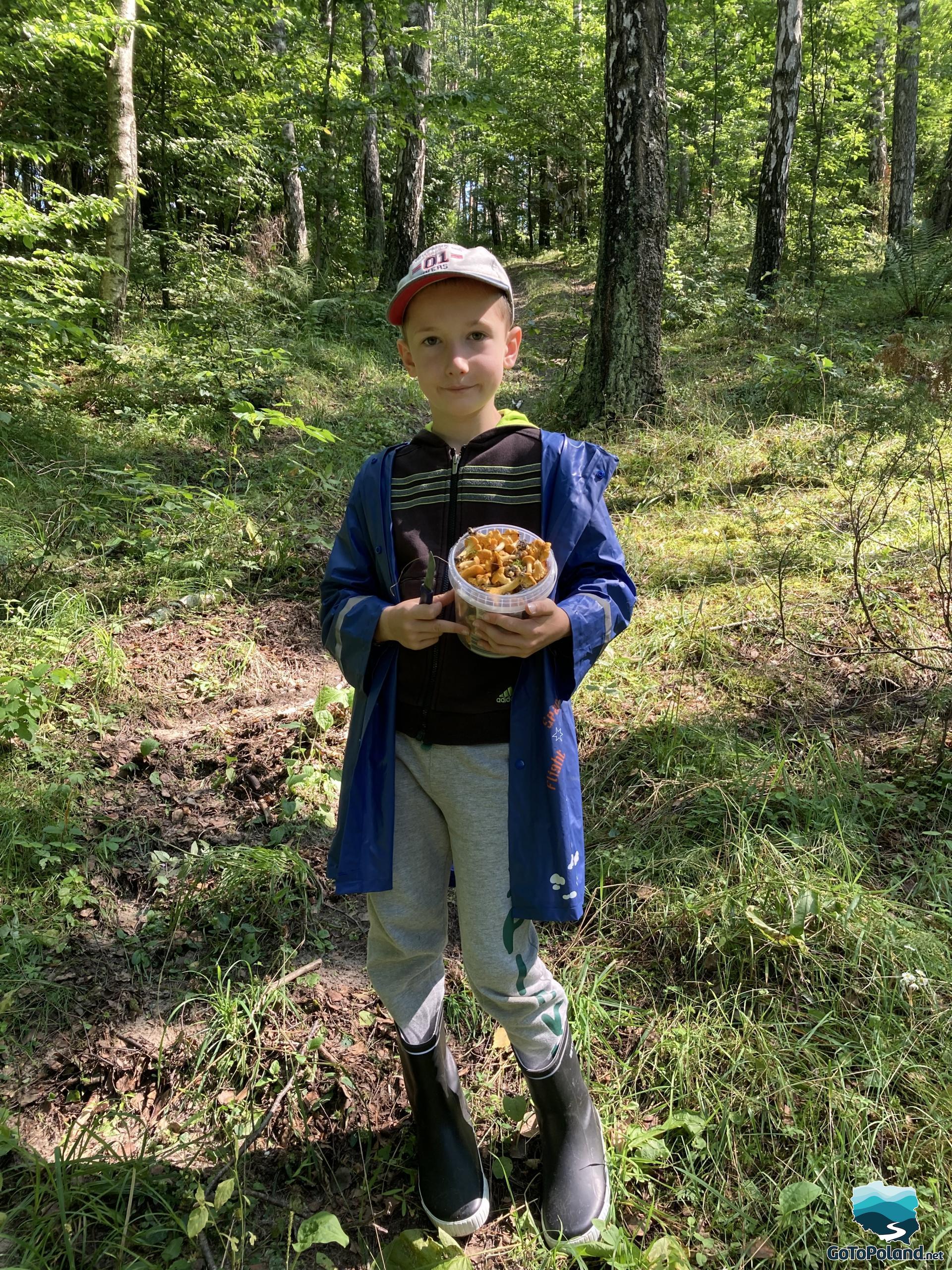 A boy with a basket full of mushrooms in a forest