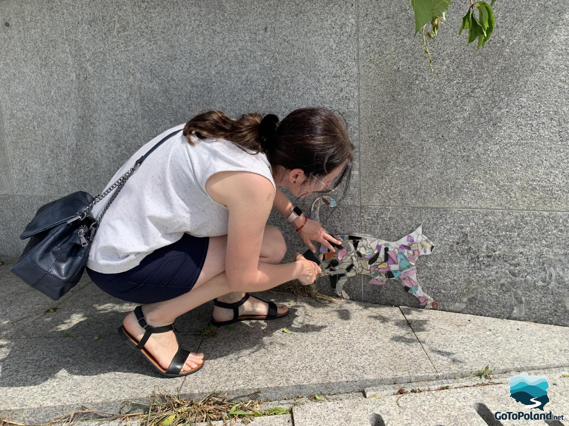 A woman crouching on the sidewalk, looking at a mosaic cat that hangs on a wall