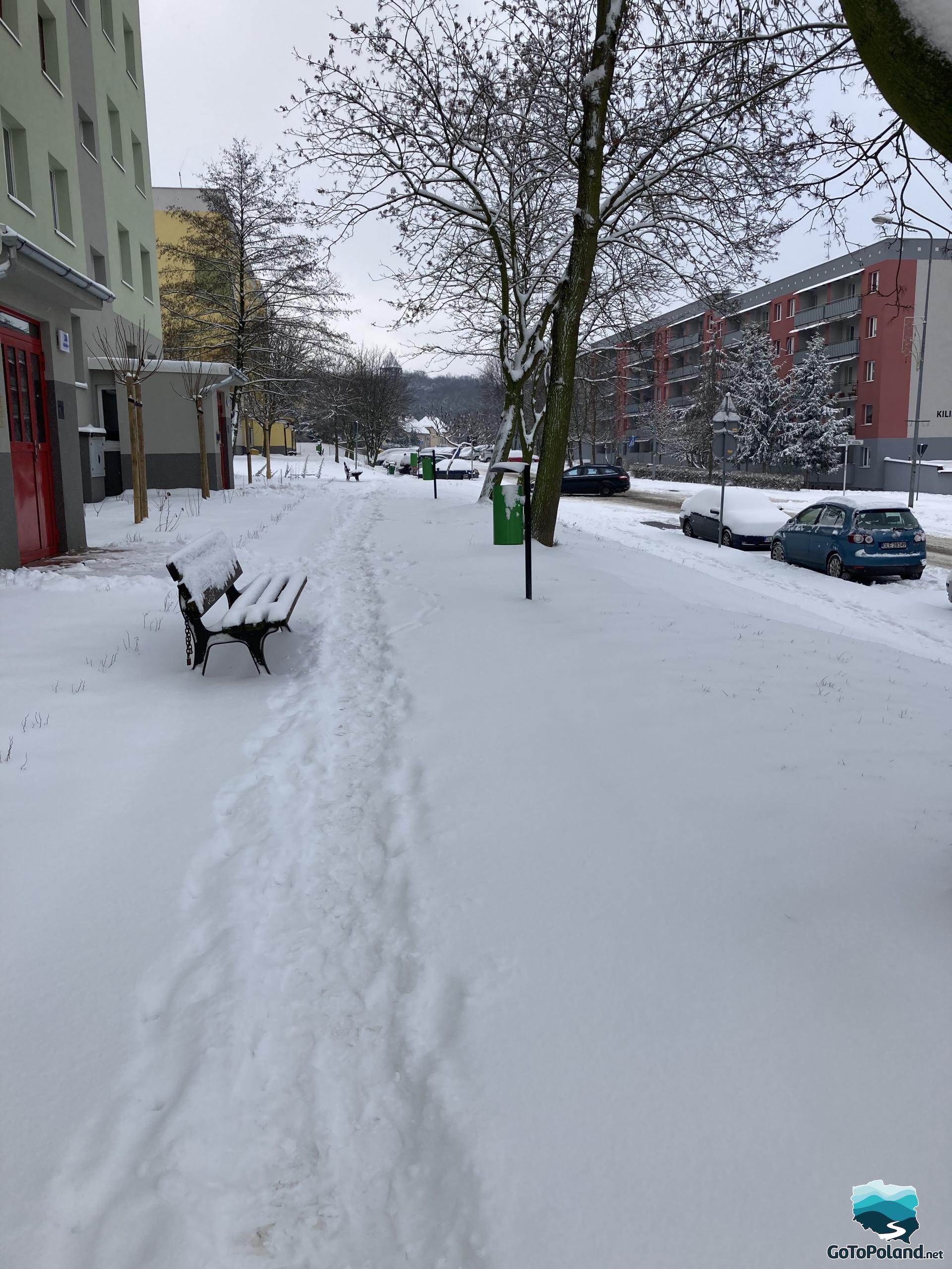 A pavement and a road covered with snow 