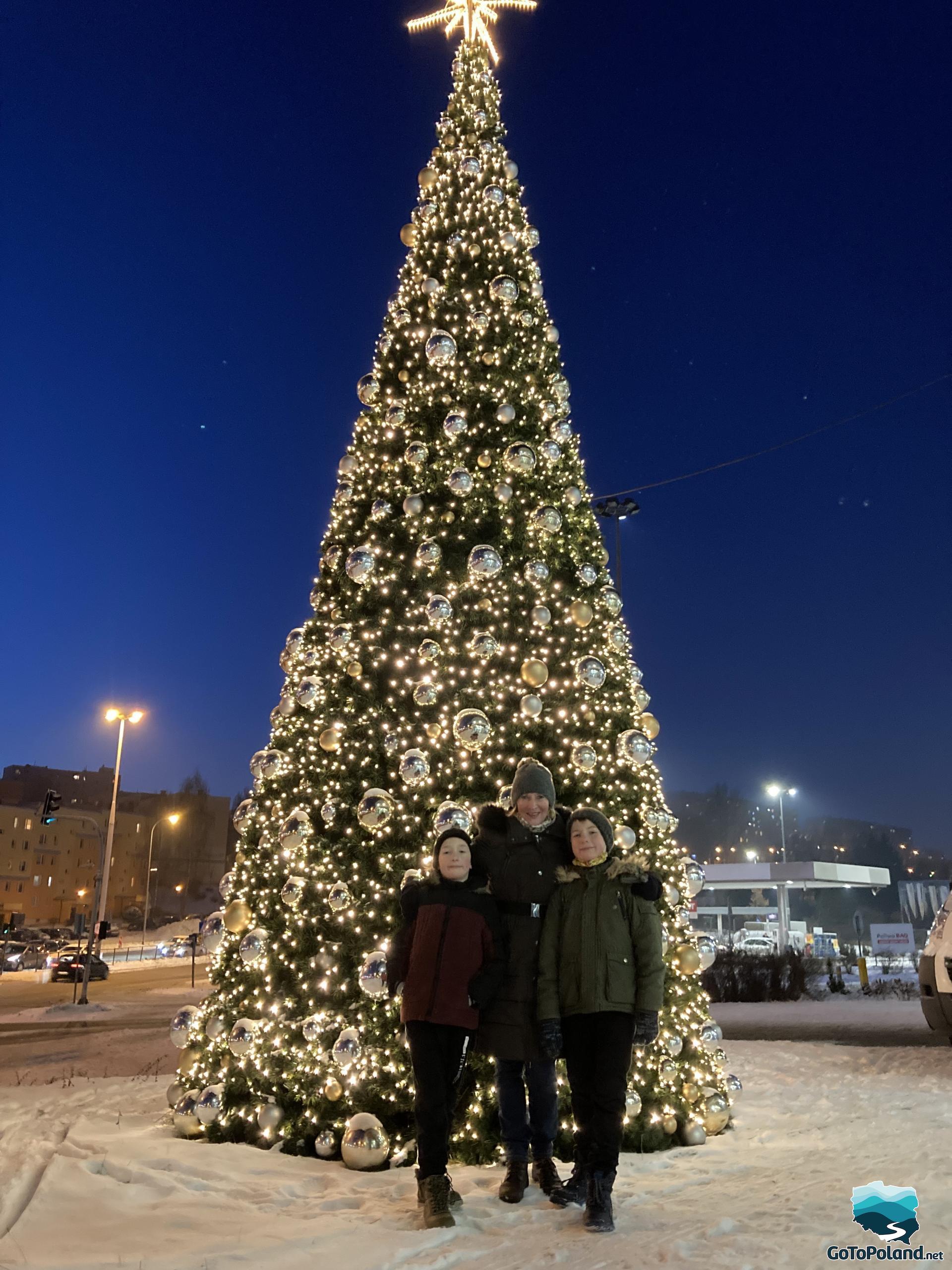 Very high Christmas tree with lots of christmas balls, a woman and two boys standing near this christmas tree