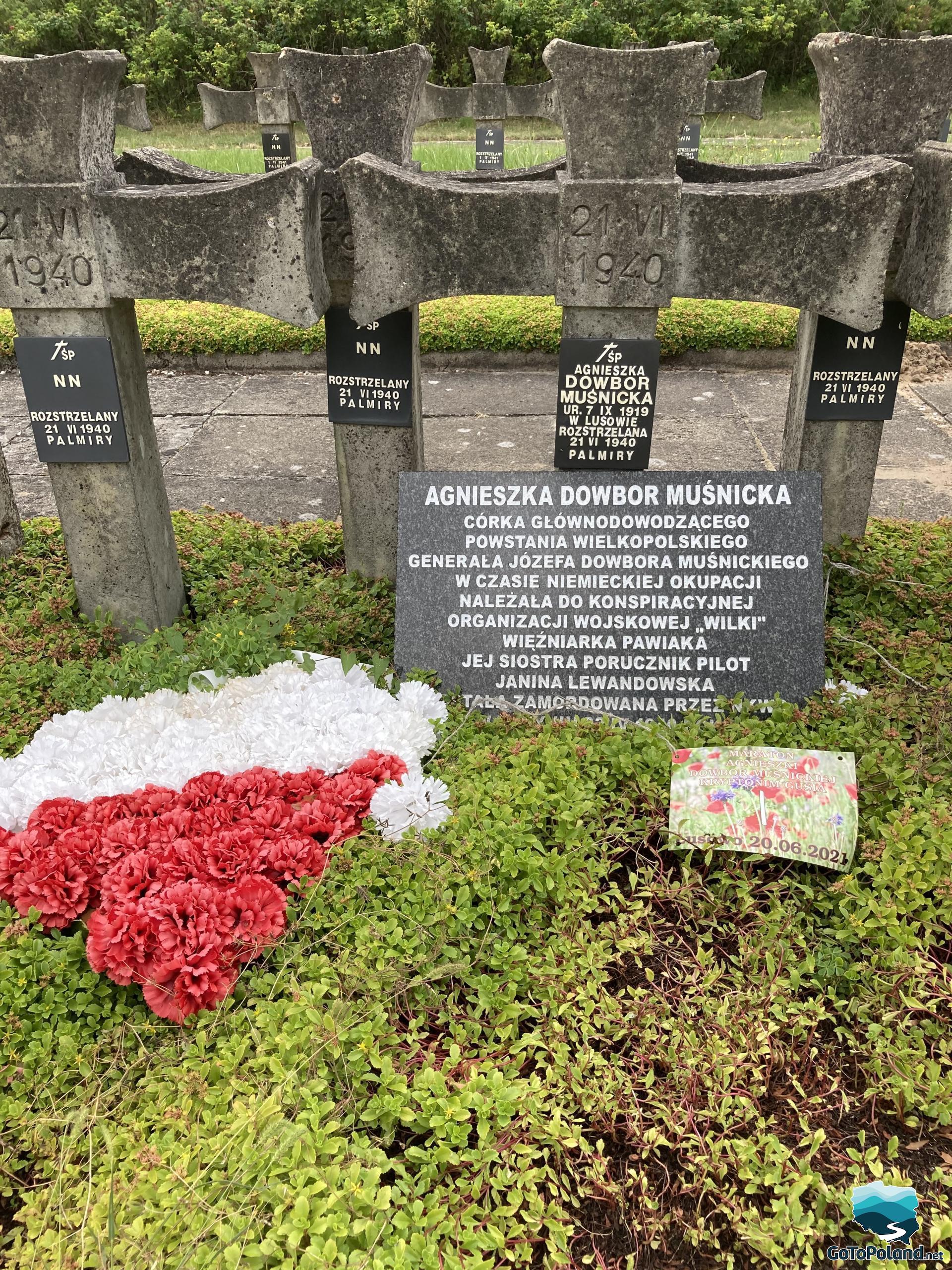four stone crosses with the inscription unknown, shot, one cross belongs to a shot woman, next to her cross is a white and red heart of flowers