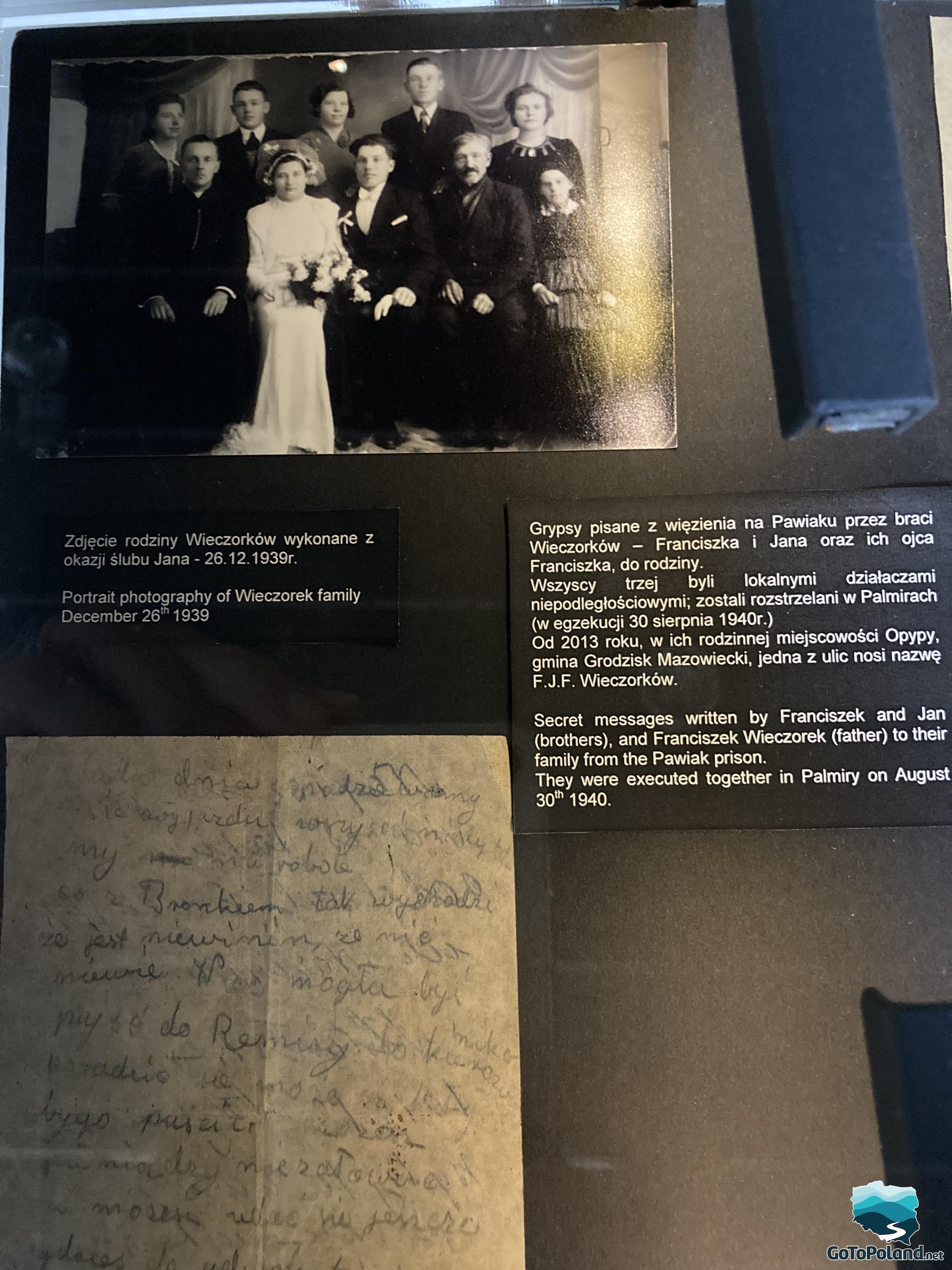 The exhibition in the museum, a small photograph shows the wedding and secret messages written by the brothers to the family from Pawiak prison