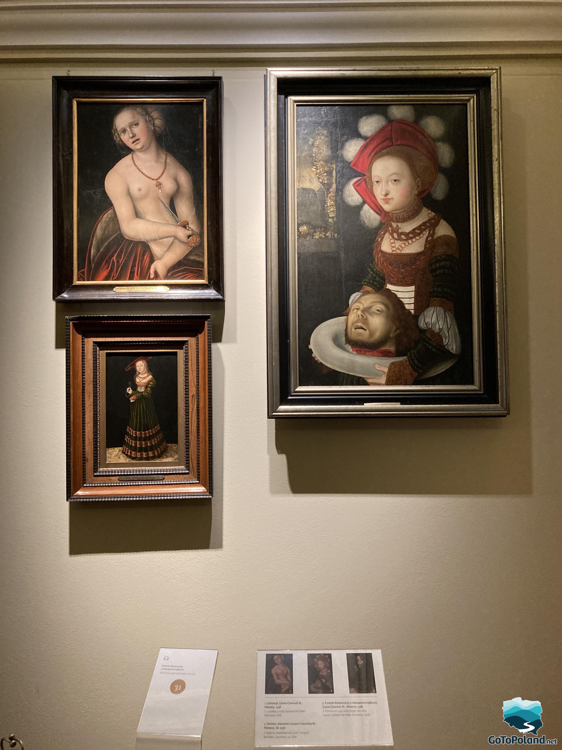 three paintings of women in wooden frames