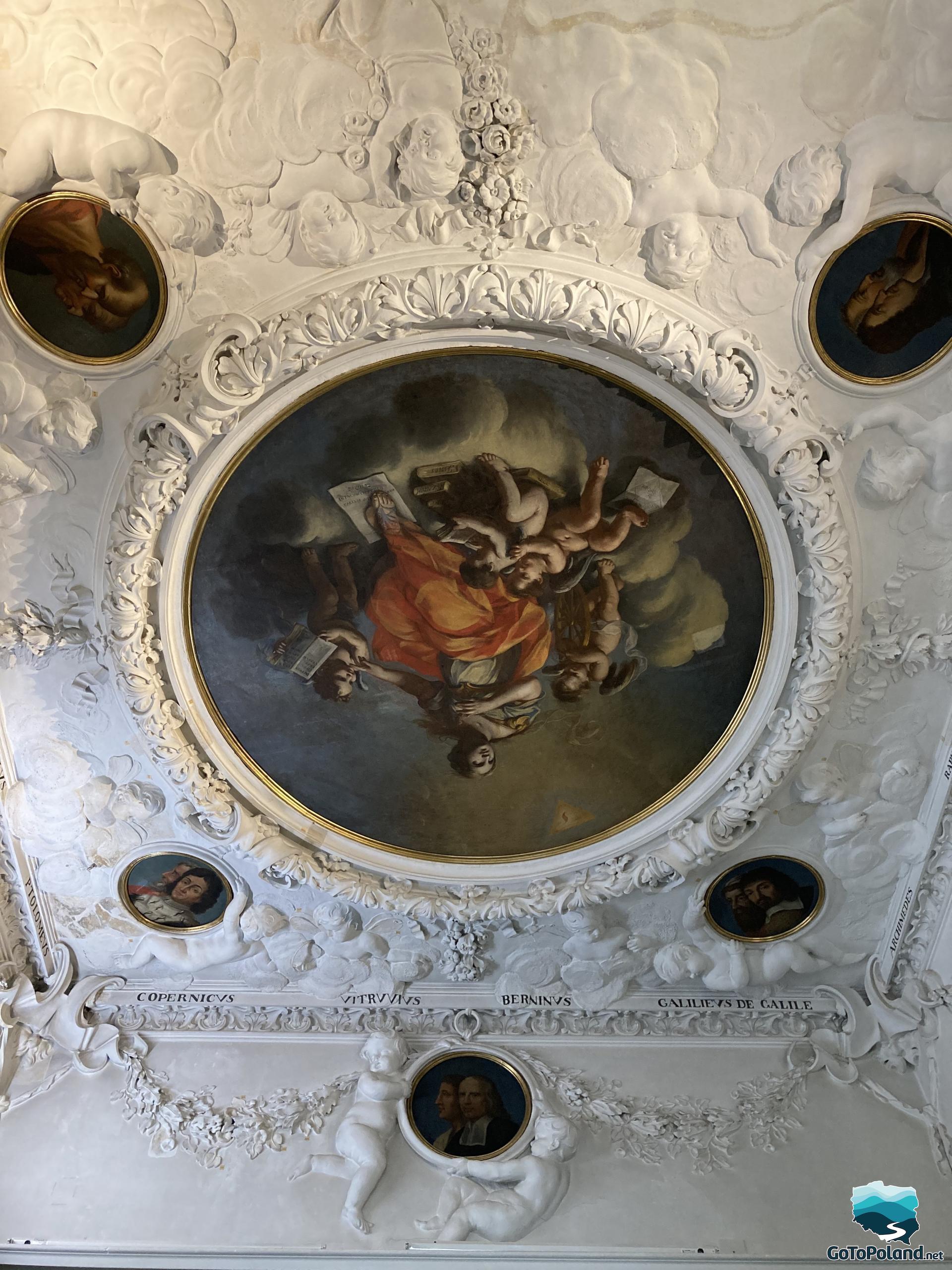 the ceiling is decorated with images of scholars in round frames