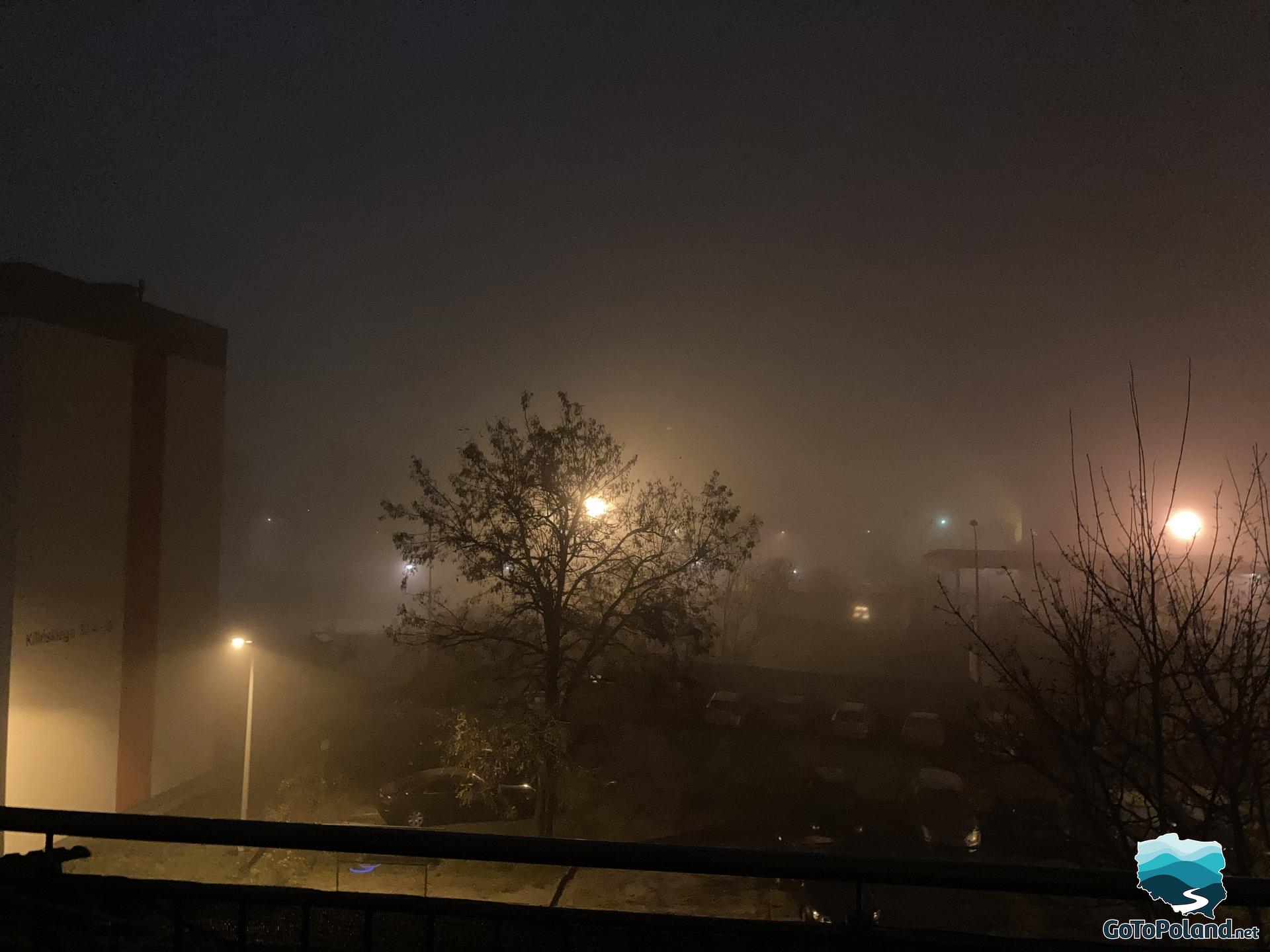 A fog in a town at night, blocks of flats in the background 