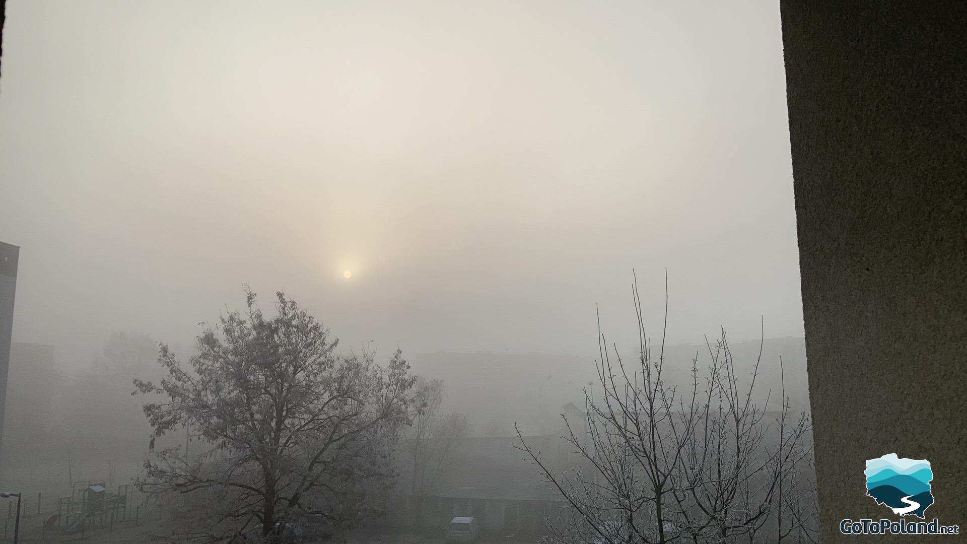 A fog in the morning, we can barely see a few block of flats in the background 